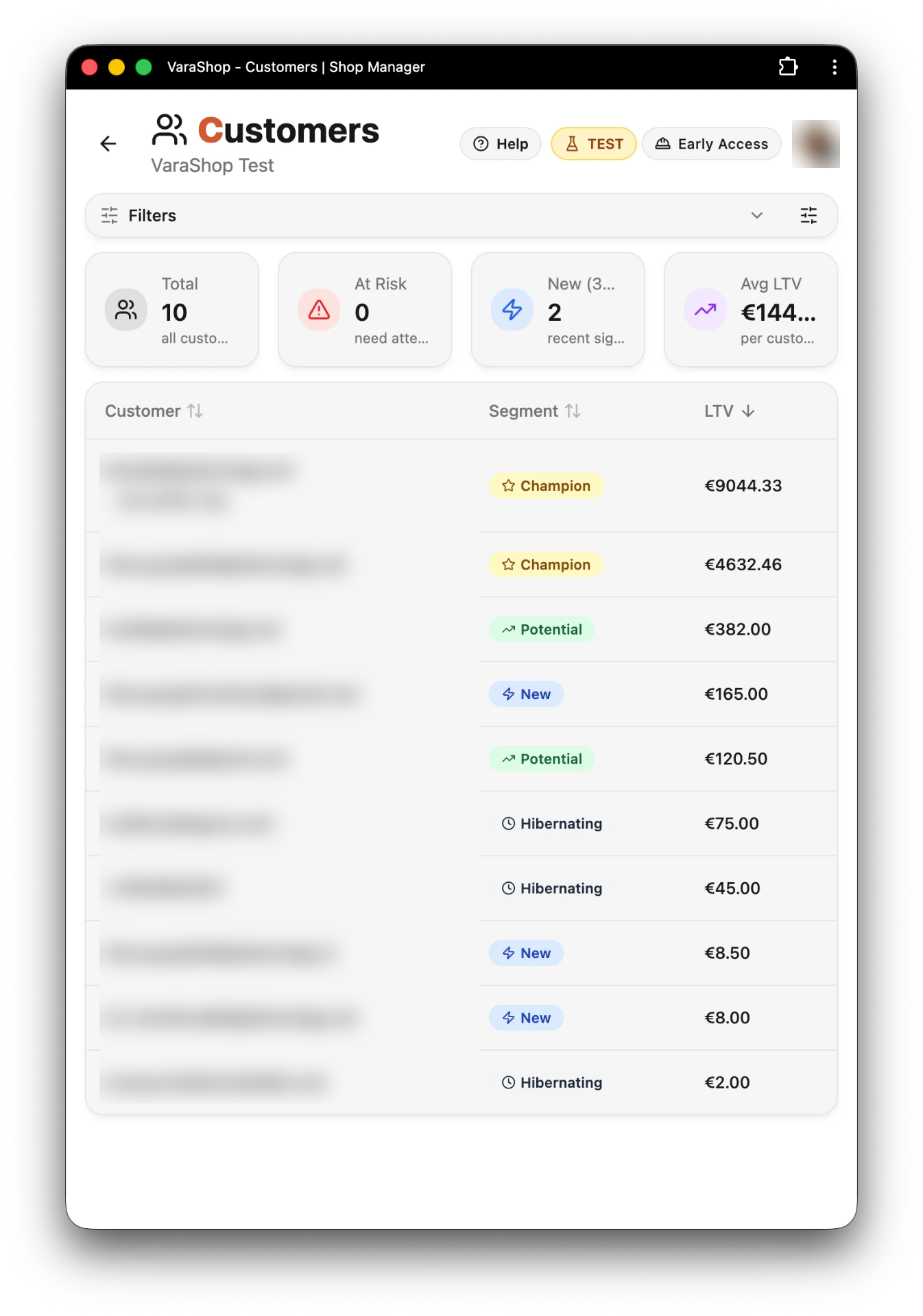 Customer database with purchase history and contact information