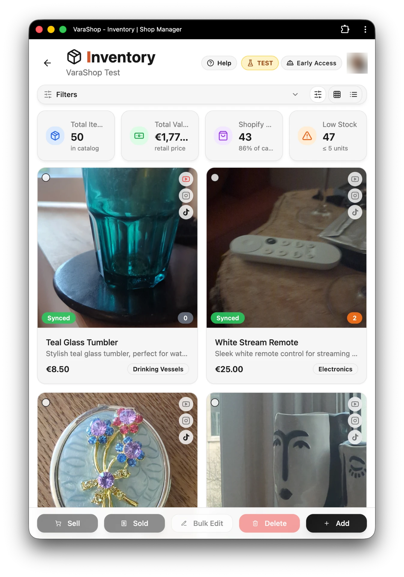 Product inventory grid view with photo thumbnails, stock levels, and pricing