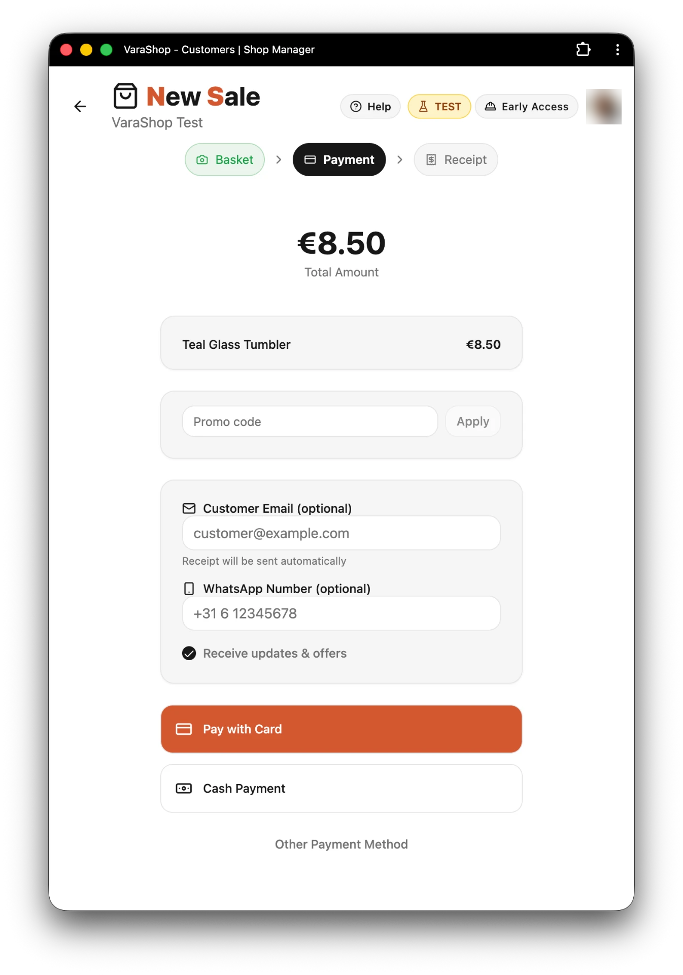 Payment screen showing cart total and payment method options including Mollie