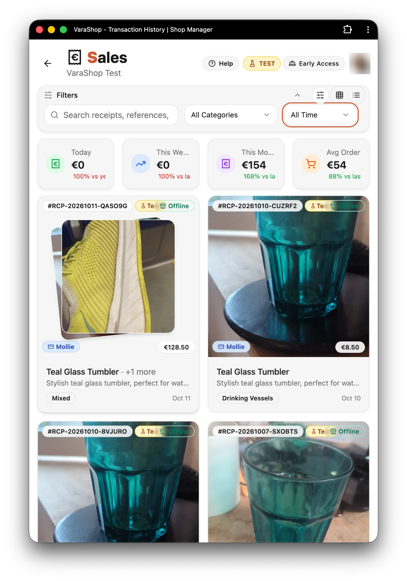 Transaction history list with customer names, payment methods, and order totals